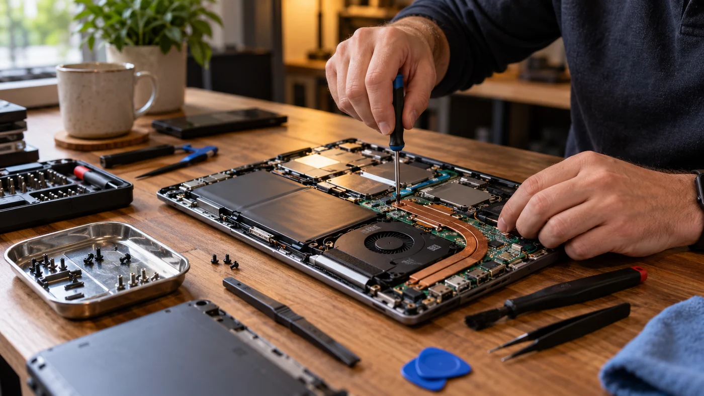Hands repairing an open laptop on a workbench