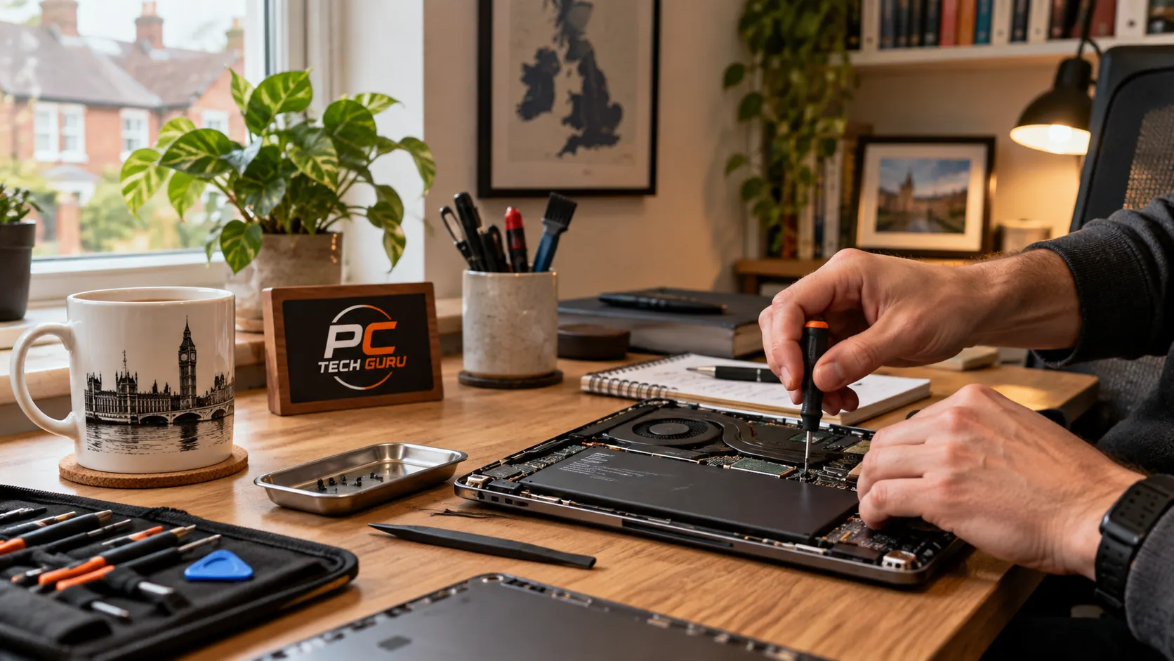 PC Tech Guru laptop repair in a home workspace