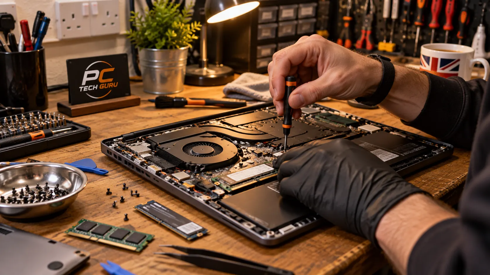 Laptop being repaired on a workbench