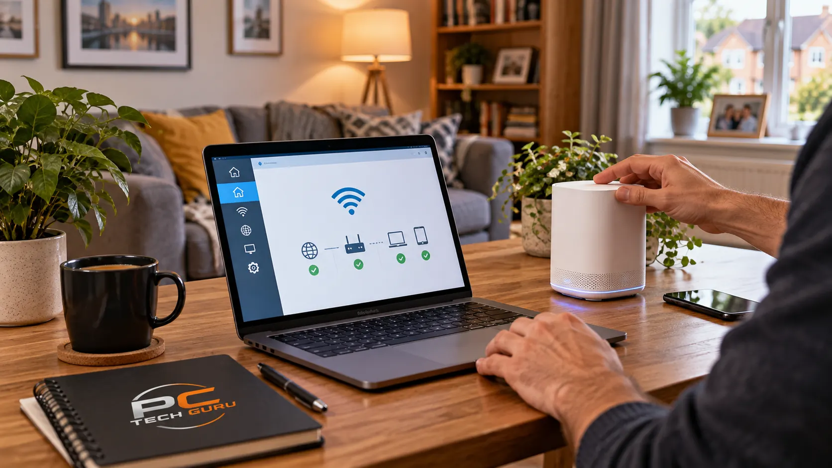 Home WiFi equipment being checked beside a laptop
